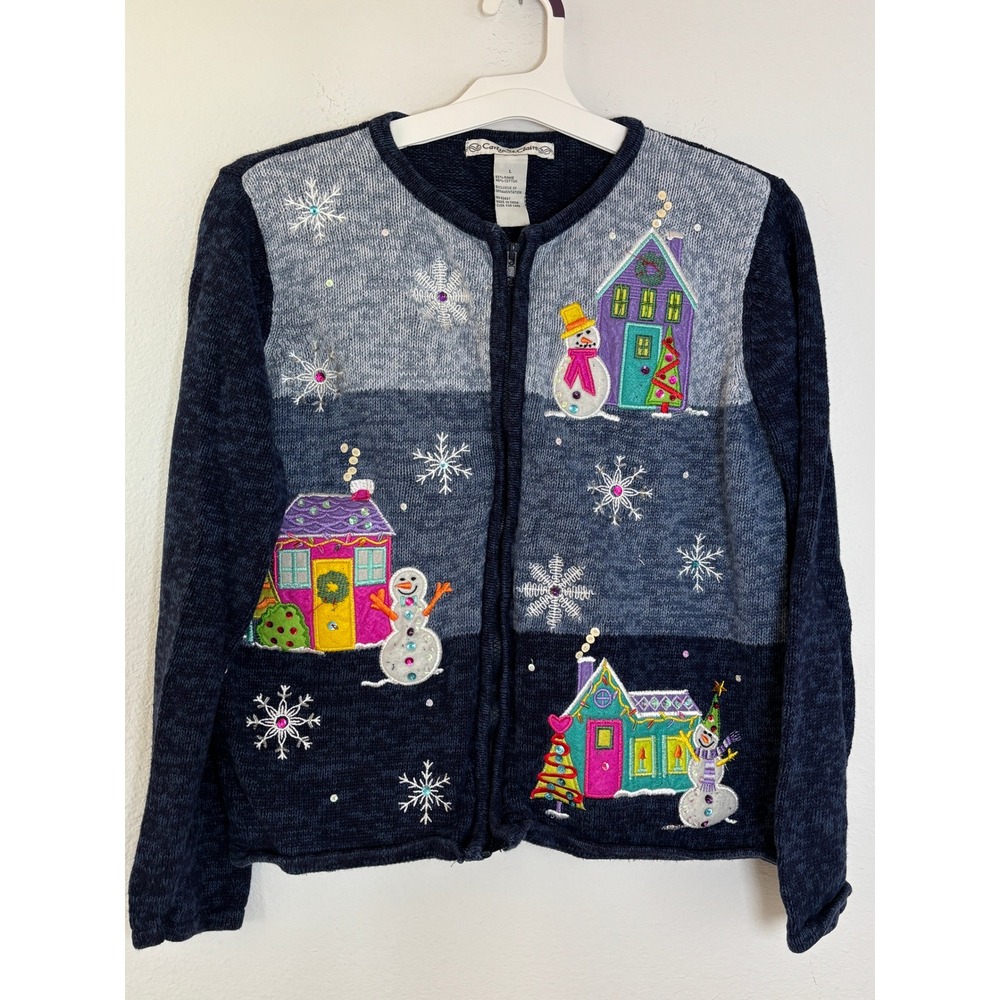 Carly St. Claire Vintage Winter Snowman Village Zip Up Cardigan Sweater Navy L
